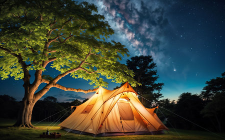 Camping tent under a big tree at night. 3D Renderingの素材