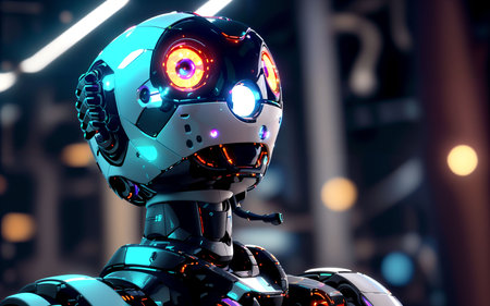 3d rendering humanoid robot or cyborg with colorful light on backgroundの素材