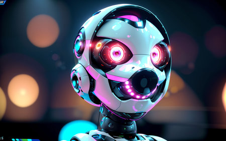 Robot humanoid face with glowing neon light on dark background 3D renderingの素材