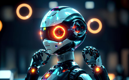 3d rendering humanoid robot with colorful lights on background. Futuristic technology conceptの素材