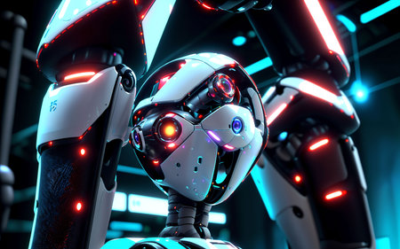 3d rendering humanoid robot with glowing neon lights in dark space.の素材