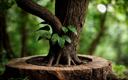Tree trunk with green leaves growing in the forest. Nature background.の素材