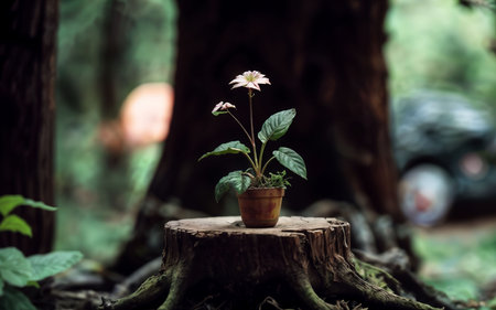 Little plant in pot on tree stump in the forest, vintage toneの素材