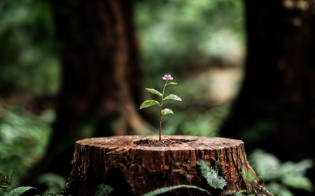 Plant growing on a tree stump in the forest, selective focusの素材