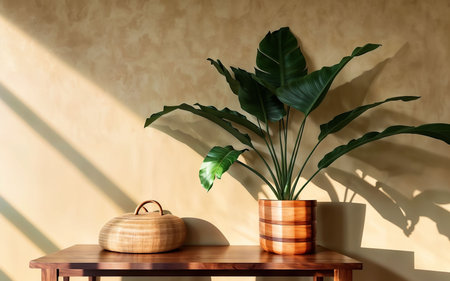 Tropical plant in wooden pot on wooden table against beige wall.の素材
