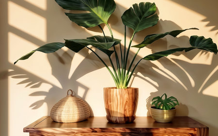 Tropical houseplants in a wooden vase on the tableの素材