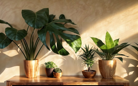 Plants in pots on a wooden shelf. 3d rendering.の素材