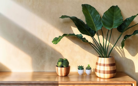 Green plant in pot on wooden table with beige wall background.の素材