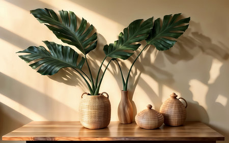 Tropical plant monstera in vase on wooden table.の素材