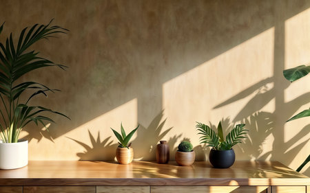Interior of modern living room with brown walls, concrete floor, wooden countertop and plants in pots. 3d renderingの素材