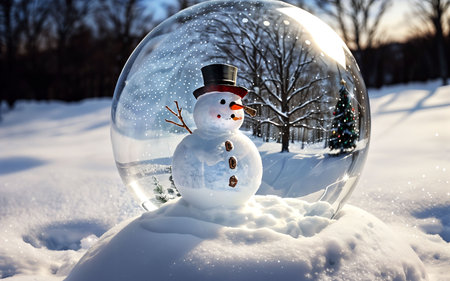Snowman in a glass ball on a snowy background. Christmas card.の素材