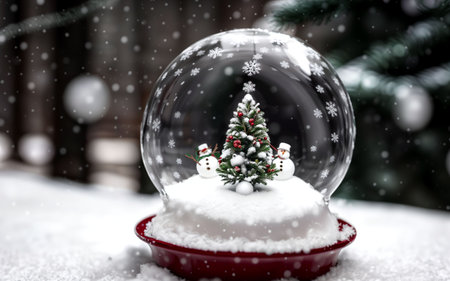 Snow globe with christmas tree and snowflakes. Christmas backgroundの素材