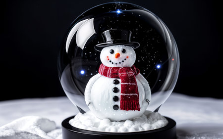 Snowman in a snow globe on a black background. Christmas decoration.の素材