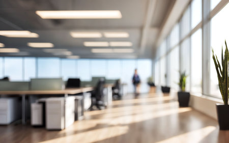 Blurred image of modern office interior with people in the background.の素材