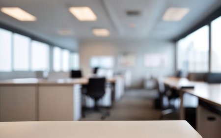 Empty wooden table and blurred office background, product display montage.の素材