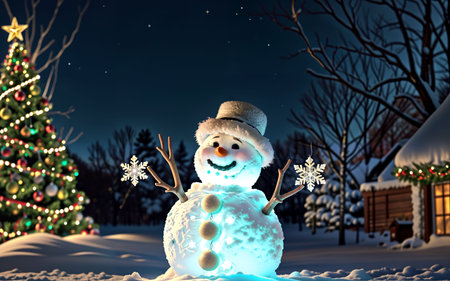3d rendering of a snowman in front of a Christmas treeの素材