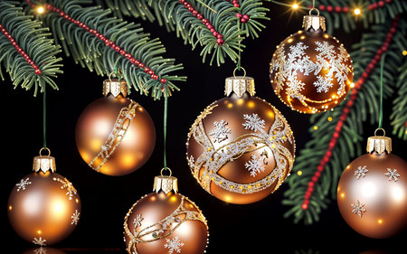 Christmas background with gold and silver christmas baubles on fir tree branchesの素材