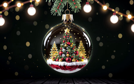 Christmas tree in a glass ball on a wooden background. 3d renderingの素材
