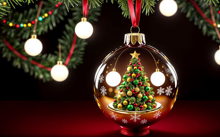 Christmas tree in a glass ball on a red background. 3d renderingの素材