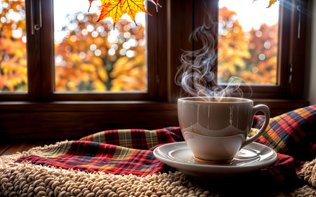 Cup of coffee and scarf on the windowsill in autumn.の素材