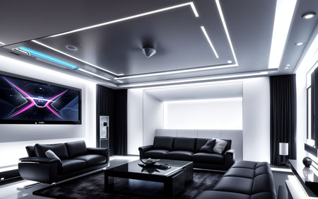 3d rendering of modern luxury living room with tv and sofa.の素材