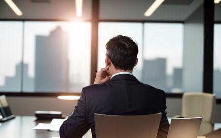 Rear view of businessman talking on mobile phone while sitting in officeの素材