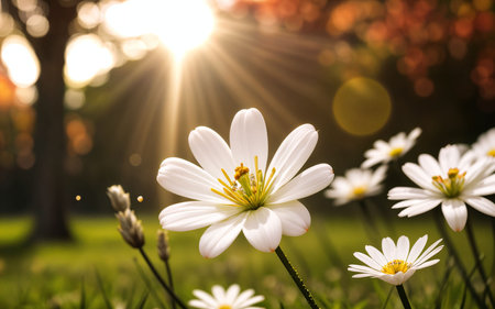 White daisies in the park at sunset. Nature background.の素材
