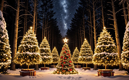 Christmas tree and star in the forest at night. Beautiful winter landscape.の素材
