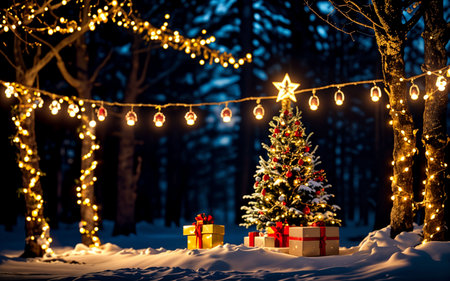 Christmas tree and gifts in the snow at night with a garlandの素材