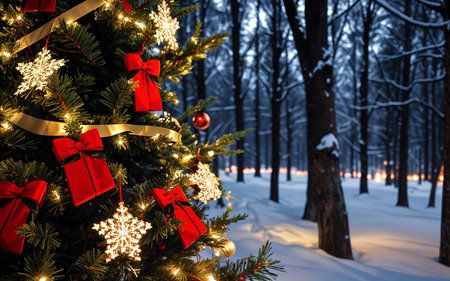 Christmas tree decorated with red gifts and snowflakes in winter forestの素材