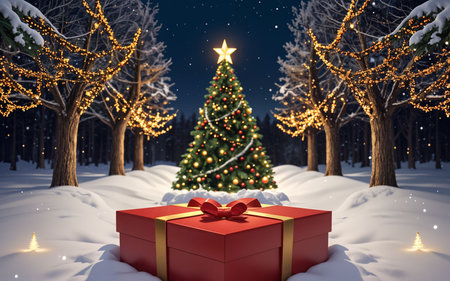 Christmas tree and gift box on snowy winter forest background 3D renderingの素材