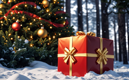 Red gift box and christmas tree in snowy forest. 3d renderingの素材