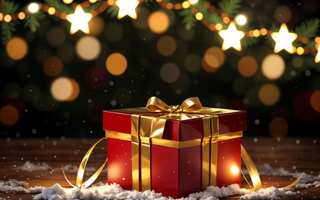 Gift box on wooden table with christmas bokeh background.の素材