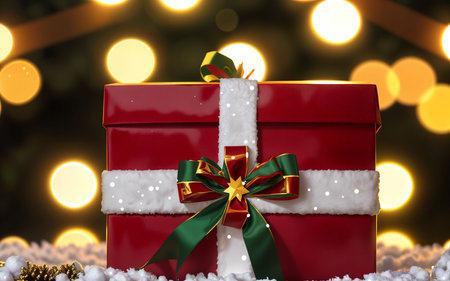 Christmas gift box on snow with bokeh background. 3d renderingの素材