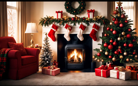 Christmas tree and fireplace in cozy living room with red sofa and armchairの素材