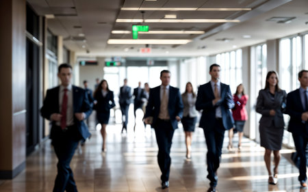 Group of business people walking in corridor of modern office building. Blurred backgroundの素材