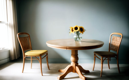 Wooden table with chairs and sunflowers in the living roomの素材