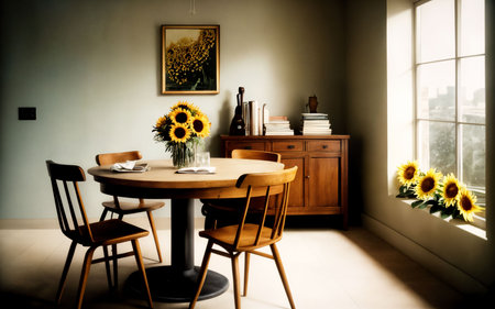 Modern dining room interior with sunflowers in vase on the tableの素材