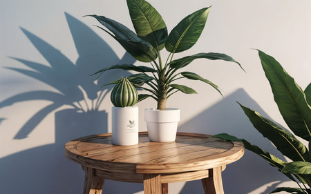 Potted plants on a wooden table. 3d rendering mock upの素材