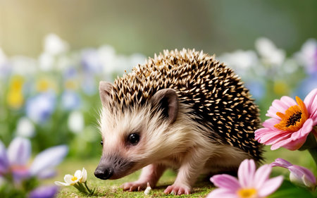 Cute little hedgehog on a meadow with spring flowers.の素材
