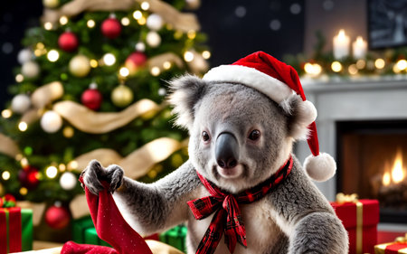 Cute koala in Santa hat with presents and christmas tree on backgroundの素材