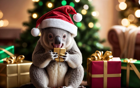Cute koala in Santa hat with gift box on Christmas backgroundの素材
