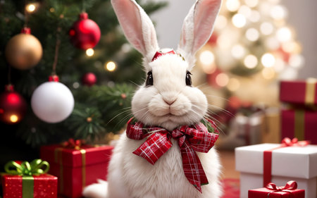 Cute bunny with gift boxes and christmas tree on blurred backgroundの素材