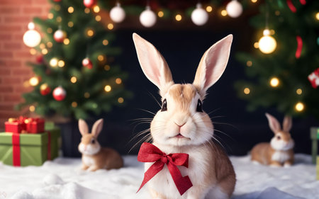 Cute funny rabbits with Christmas tree on background. Space for textの素材