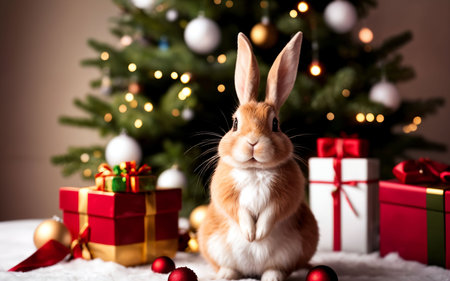 Cute little rabbit with christmas tree and gift boxes on backgroundの素材