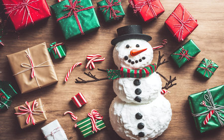 Christmas background with snowman Flat lay top view ai generatedの素材