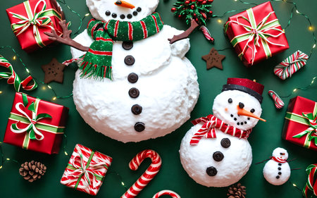 Christmas background with snowman Flat lay top view ai generatedの素材