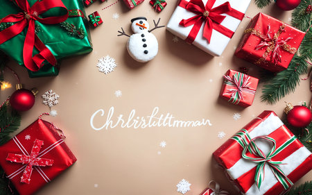 Christmas background with snowman Flat lay top view ai generatedの素材