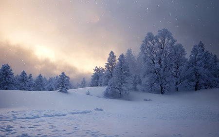 Winter landscape with snow covered trees in mountains at sunset. Dramatic sky.の素材