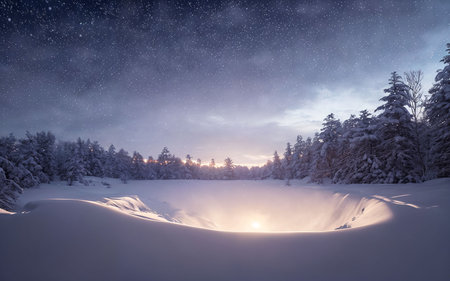 Fantastic winter landscape with snow covered trees and starry skyの素材
